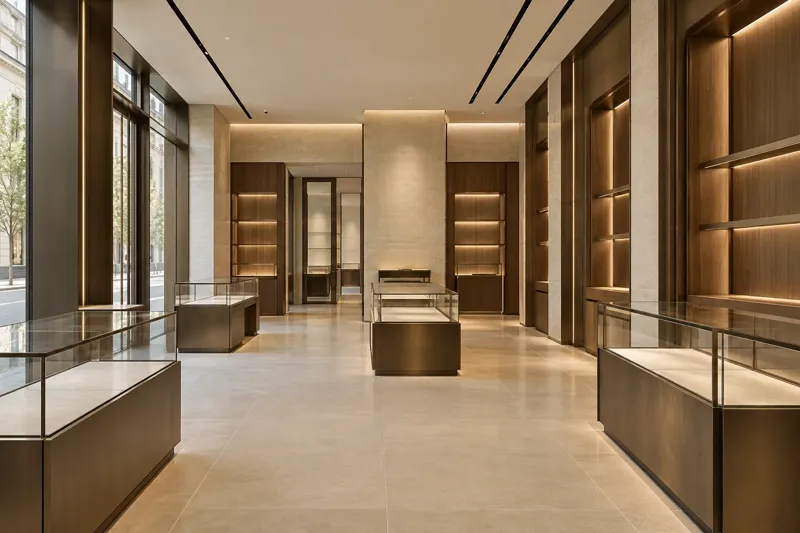 Conceptual image of a completed boutique with stone floors, showcases and wooden display cabinetry