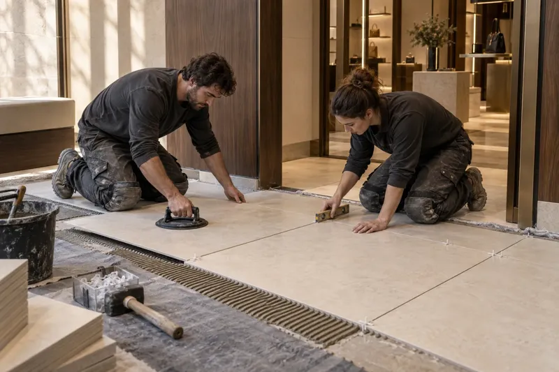 Conceptual image of stone flooring being installed and levelled in a boutique