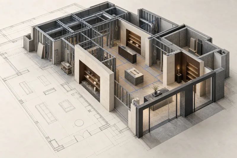 Conceptual visualization: plans and a three-dimensional cutaway of a boutique under construction, showing framing, services and finishes