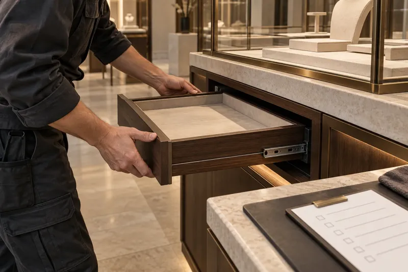 Conceptual image of drawers and fittings being inspected in a jewellery showcase