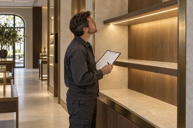 Conceptual image: a technician inspecting shelf LED lighting with a checklist