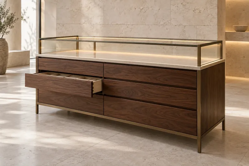 Conceptual image of a finished bespoke wood, stone and bronze showcase with drawers