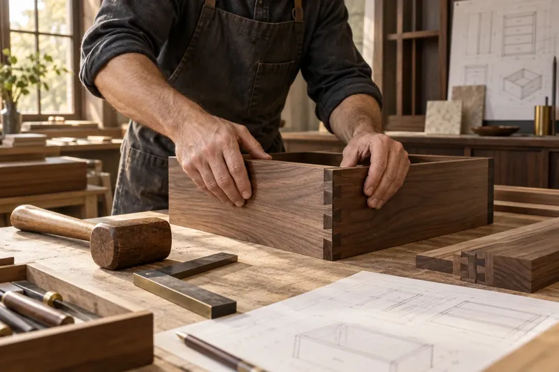 Conceptual image of a wooden drawer being assembled on a workbench