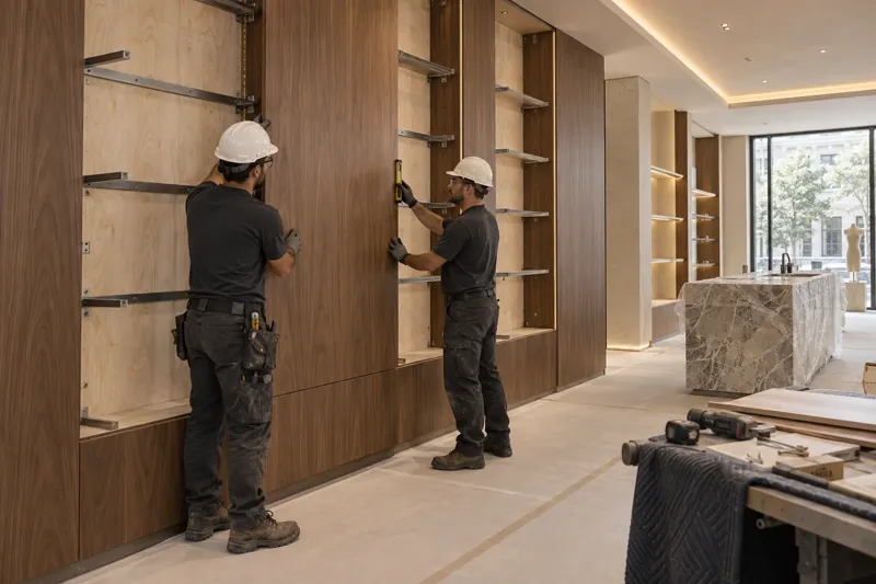 Conceptual image of millwork wall panels and shelf supports being installed in a boutique