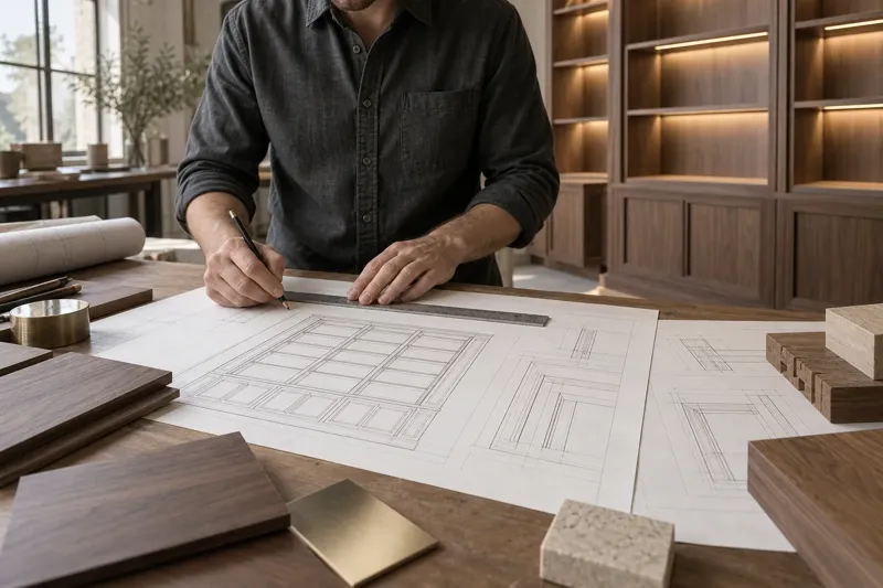 Conceptual image of cabinetry drawings being reviewed alongside wood, stone and metal samples