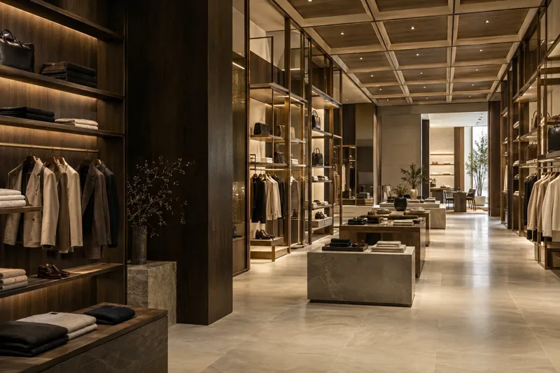 Conceptual boutique interior with walnut and bronze fixtures, integrated lighting and stone floors