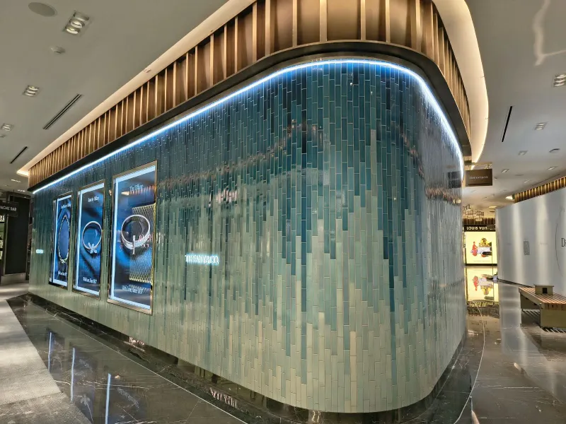 Curved facade corner and display windows