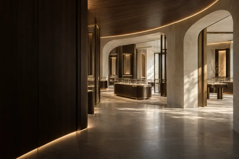Conceptual image of a boutique with bronze showcases, stone portals and integrated warm lighting