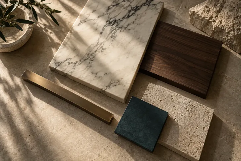 Composition of marble, stone, timber and metal samples; conceptual image