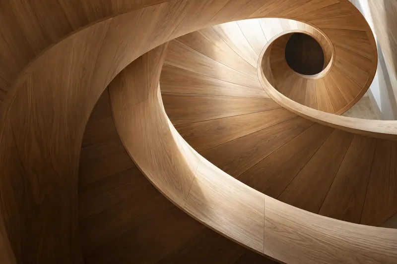 Composición conceptual de madera curva con vetas y juntas iluminadas por luz natural