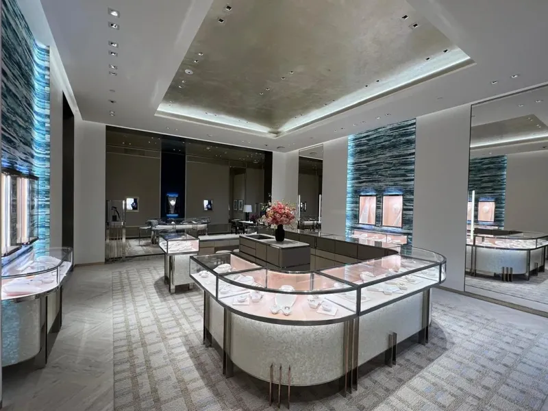 View of the main salon and its illuminated showcases