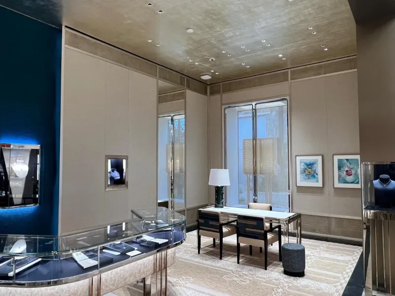 Client seating area with a desk and showcases